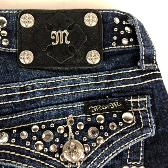 Miss Me Jeans Women's 27 Boot Cut Blue Stretch Denim Embellished Flap Pocket - Picture 11 of 16